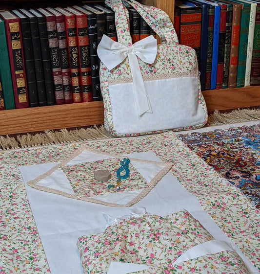 Salah Gift Set for young girls - floral prayer rug, mat, and full-length chador, making them perfect gifts for new bālighās