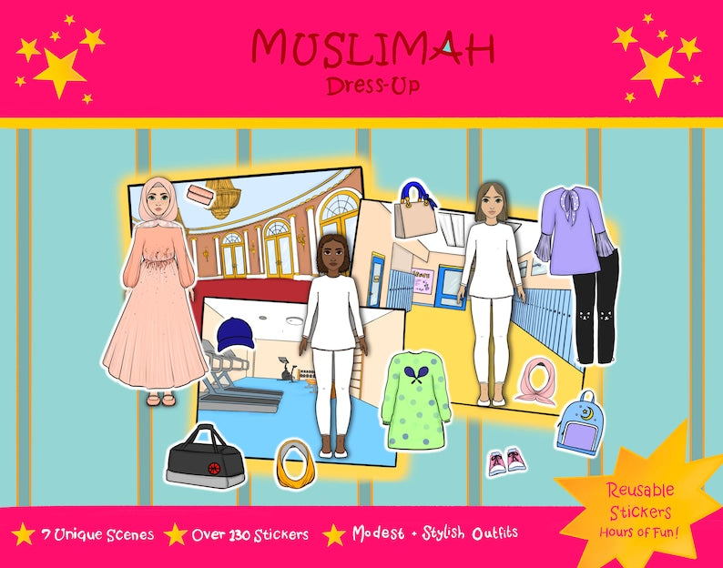 Reusable Dress-up Sticker Set, Islamic gifts, Eid, ramadan stickers, hijab, abaya, modest fashion swim, Muslim doll, decoration, paper dolls By Momin Explores (Copy)