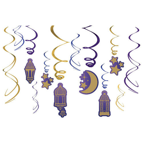 Eid Foil Swirl Decorations - Pack of 12 (7" & 5") - Dazzling Celebration Essentials, Perfect for Ramadan & Eid Party Decor